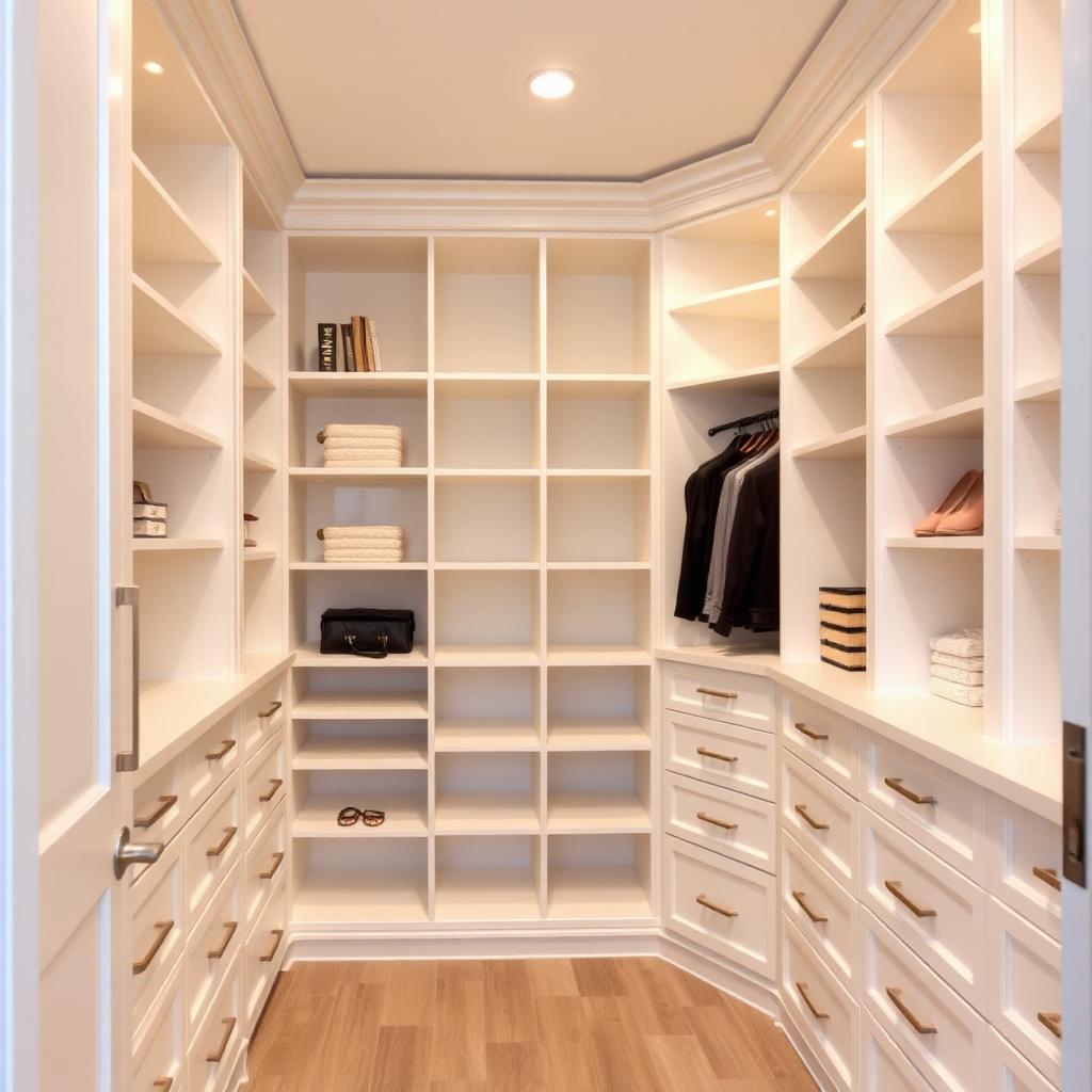 Freshly painted white built-in closet cabinetry in a modern Tampa Florida home