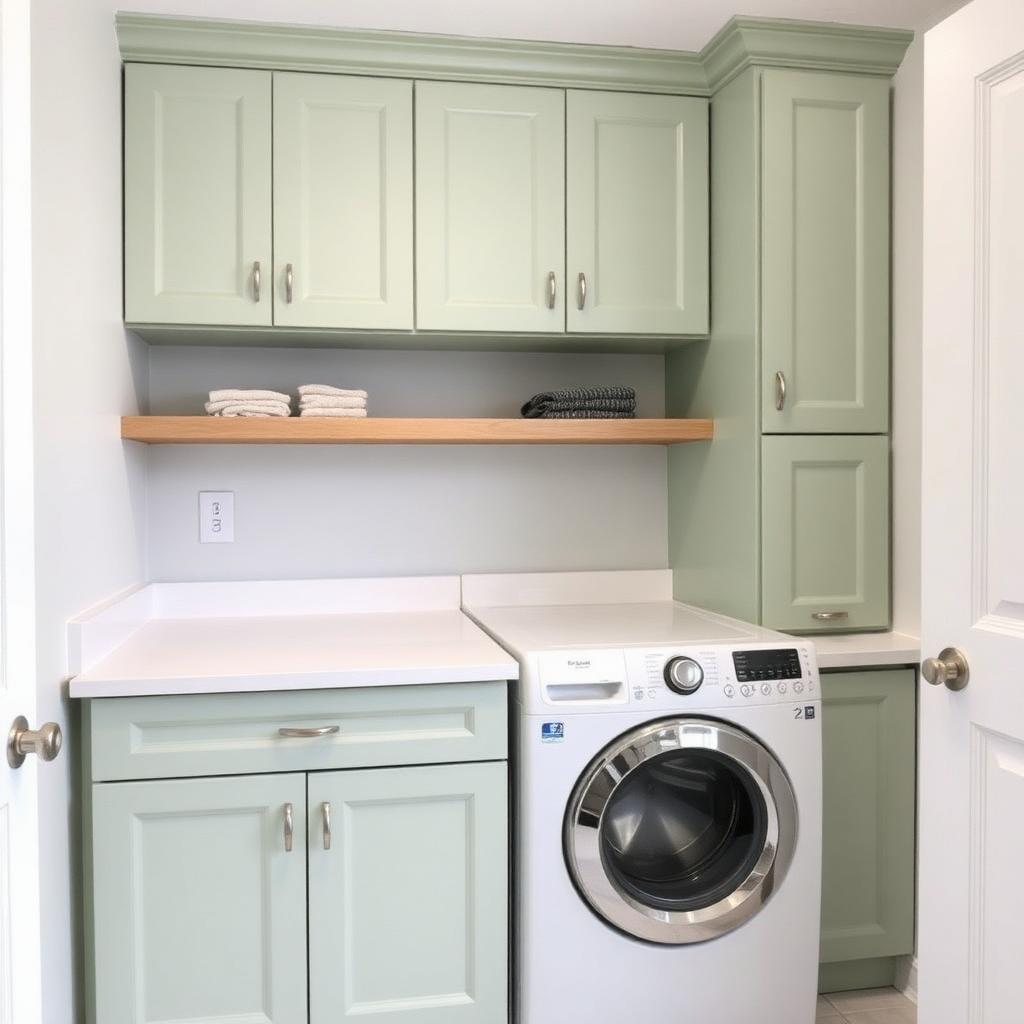 Freshly painted sage green laundry room cabinets in a Tampa Florida home